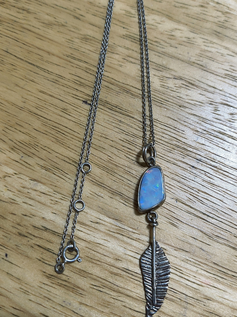 Vintage Sterling Silver& Natural Opal Feather Pendant Navajo Necklace Signed